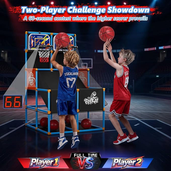 Dual Shot Arcade Basketball Game Set Boy Toys:Kids Basketball Hoop with 6 Balls Electronic Scoreboard LED Light Indoor Outdoor Sports Toy Activities for Boys Girls Birthday Gifts Aged 3-5 6-8 8-12