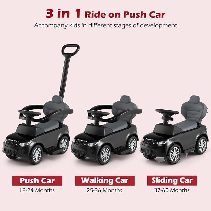 Licensed Push Car for Toddlers by INFANS, 3 in 1 Sliding Walking Car with Push Handle, Horn, Music, Underneath Storage, Foot-to-Floor Ride on Toys for Boys Girls (Black)