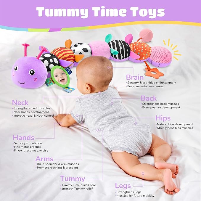 AWOTOY Baby Toys 6-12 Months Music Caterpillar Infant Toys Stuffed Animals | 0-3-6 Months Sensory Toys Tummy Time Teething Toys with Mirror Pull String Rattle for Newborn Boy Girl Shower Birthday Gifts