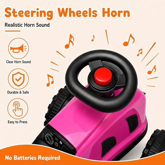 Kids Ride on Tractor, 2 in 1 Foot to Floor Push Car w/Detachable Trailer, Horn, Rake & Shovel, No Power Sliding Toy Gift for Toddlers, Outdoor Ride on Construction Vehicle (Pink)
