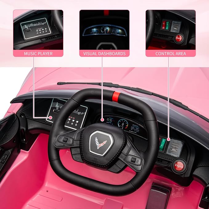 Garvee 12V Kids Ride on Car Licensed Corvette Toddlers Electric Sports Car Ride on Toy with Remote Control, Visual Dashboard, LED Lights, Music for Boys & Girls, Pink