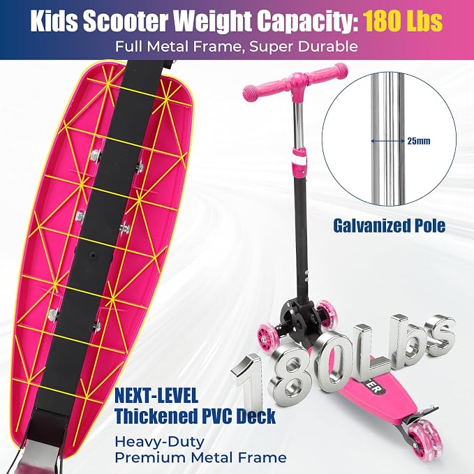 3 Wheel Scooter for Kids Ages 3-12, LED Light-Up Kids Kick Scooter–Portable Foldable, Adjustable Height, Durable Metal Construction, 6" Extra Wide Deck for Outdoor Activities,Child Safety Certified