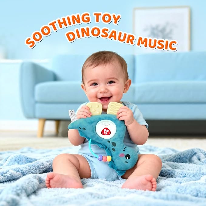 Baby Musical Activity Soft Toys with Sound & Light, Sensory Toys for Infant Developmental with Teether, Rattle and Textures, Soft Plush Toy for Newborn Gift 6 to 12 Months (Blue Dinosaur)