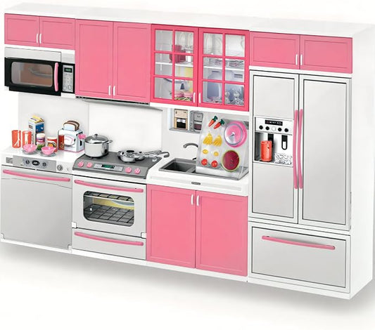 Doll Kitchen Playset for Kids, My Modern Mini Kitchen House Furniture Pretend Play Toy Accessories Set with Realistic Lights & Sounds for Toddlers, Girls (4-in-1)