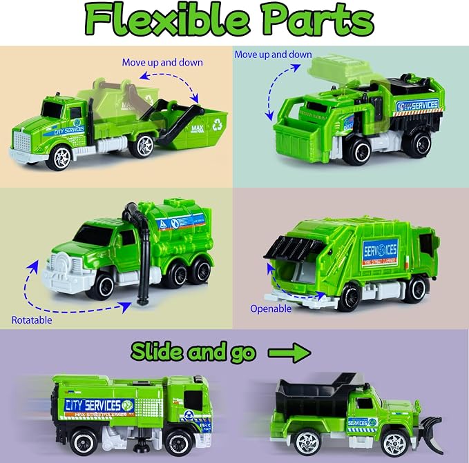 6 Pack Diecast Garbage Truck Toys for Kids, Mini Alloy Sanitation Truck Toy Recycling Sanitation Trucks Model Set, Educational Toddler Car Toys Birthday Gifts for Boys Girls 3-7 8