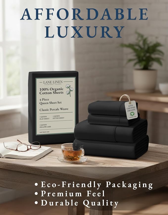 LANE LINEN Queen Sheet Set 100% Organic Cotton Cooling Soft 4pc - Black | Queen Sheets In Pure Long-Staple Organic Cotton - Honest-Price Organic Quality, Crisp, Cool & Breathable, For Hot Sleepers