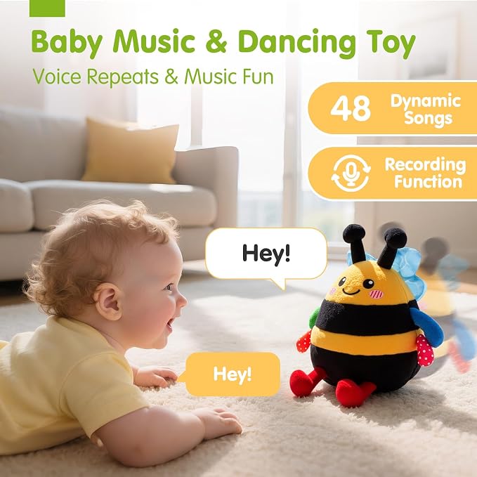 hahaland Tummy Time Bouncing Bee Toy for 6-12 Month, Musical Dancing Plush Bee Baby Toys 9 Month Old, Vibrating & Buzzing Bee Toy Gifts for 1 Year Old Boy & Girl