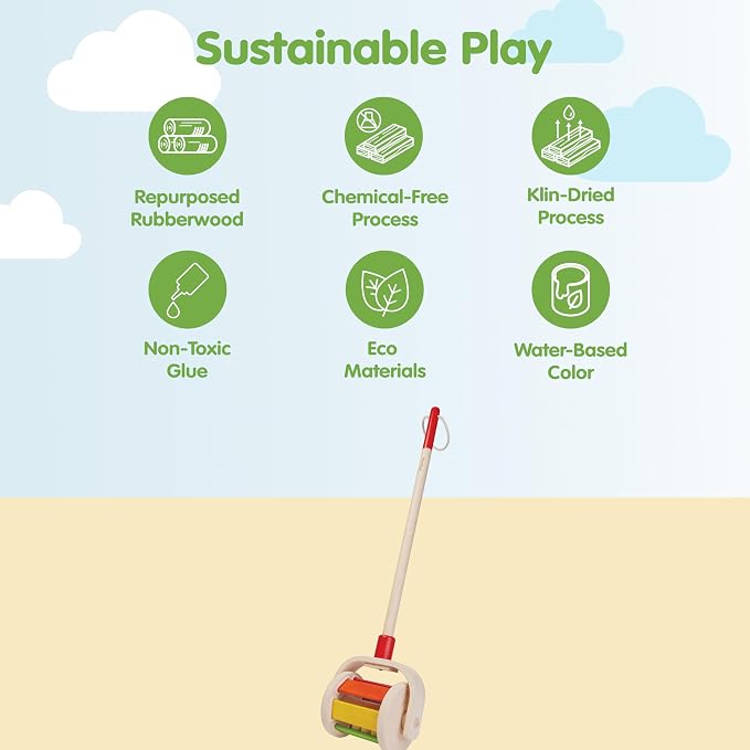 PlanToys® Wooden Walk N Roll Push Toy | Montessori Walking Toy for Gross Motor Skills, Balance & Coordination with Gentle Rolling Sounds | Eco Friendly Activity Toy