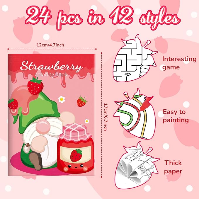 BenLouis 24 Pcs Strawberry Mini Coloring Books Kids Berry Party Favors Small Activity Books for Kids Girl Fruit First Birthday Bridal Baby Shower Goodie Bags Stuffers Return Gifts Classroom Travel