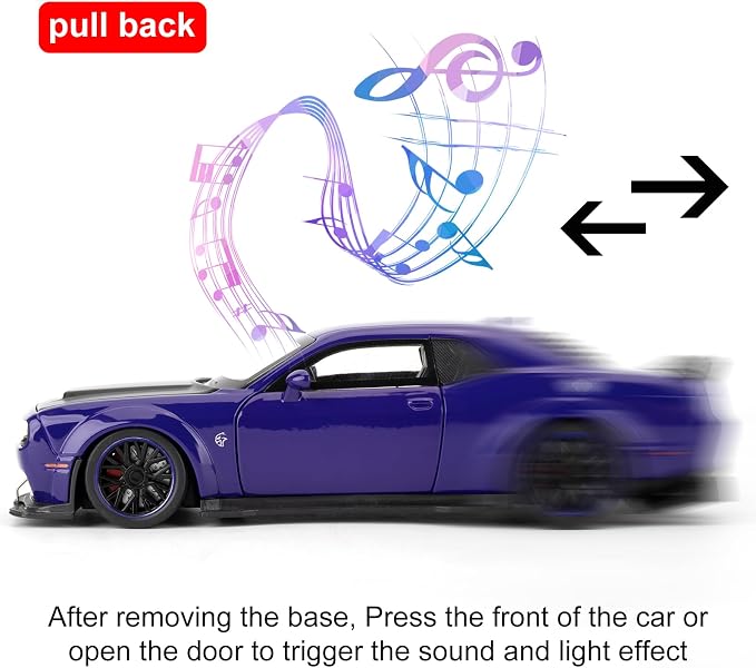 WAKAKAC Toy Cars 1:32 Compatible for Dodge Challenger SRT Hellcat Model Cars, Pull Back Die-cast Vehicles, Collectible Cars with Sounds＆Lights for Kids Boys Girls and Adults, Gift Purple