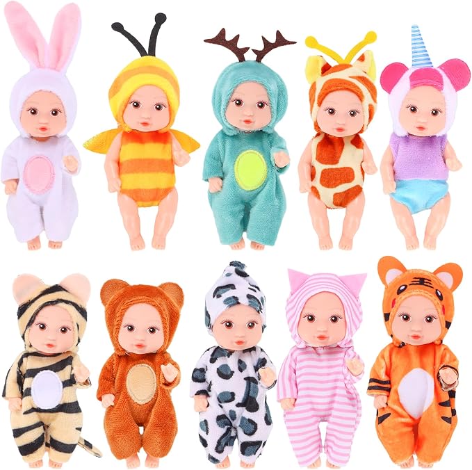Vueos 10 Pcs 4 Inch Mini Baby Dolls Playset Lifelike Realistic Baby Dolls with Handmade Animal Clothes Cute Small Baby Doll Gifts Set for Toddlers Girls Kids 3+