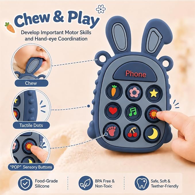 Press Phone Teether for Baby Girls, Soft Silicone Teething Toy, Sensory Toy | Teething Relief, BPA-free, Freezer, for Baby 3 Months+, Cute Rabbit Design with Textures and 9 Patterns, Press & Pop for Fun!