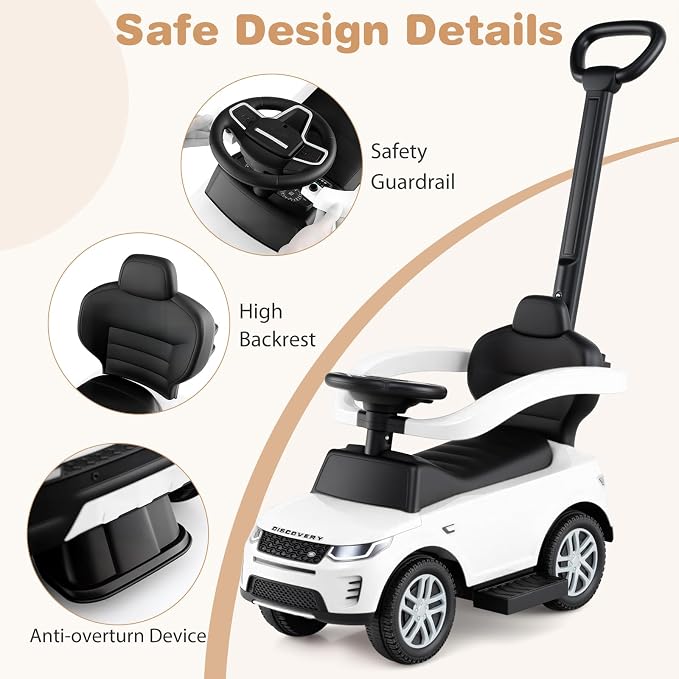 OLAKIDS Push Car for Toddlers, 3 in 1 Licensed Landrover Baby Ride on Toy with Parent Control Handle Safe Guardrails, Kids Sliding Walker with Under Seat Storage Horn for Boys Girls (White)