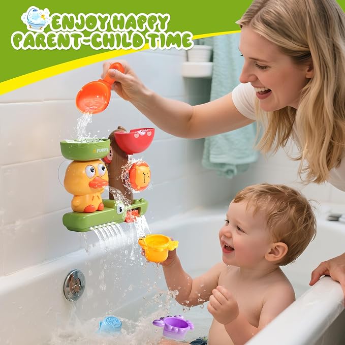 Toddler Bath Toys for Kids Ages 1-3 Waterfall Bathtub Toys for Toddlers 2-4 | with 3 Stacking Cups No Mold Baby Bath Toys Interactive Duck Water Shower Toys for Boys Girls Gifts with Strong Suction Cups