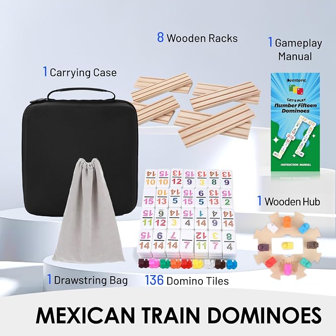 Mexican Train Dominoes Set Double 15 Number Domino Tiles, 136 Colorful Number Dominos Tiles with 8 Wooden Racks, Hub & Trains, Portable Domino Game Set for Adults Kids Families