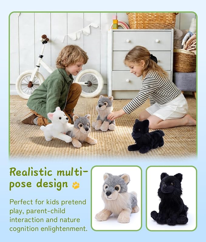 Tezituor 6 Pack Wolf Stuffed Animals, 10 Inch Wolf Plush Toys Bulk, Soft Stuffed Wolves in Assorted Colors and Poses, Forest Animal Plushies for Kids, Birthday Gifts, Party Favors