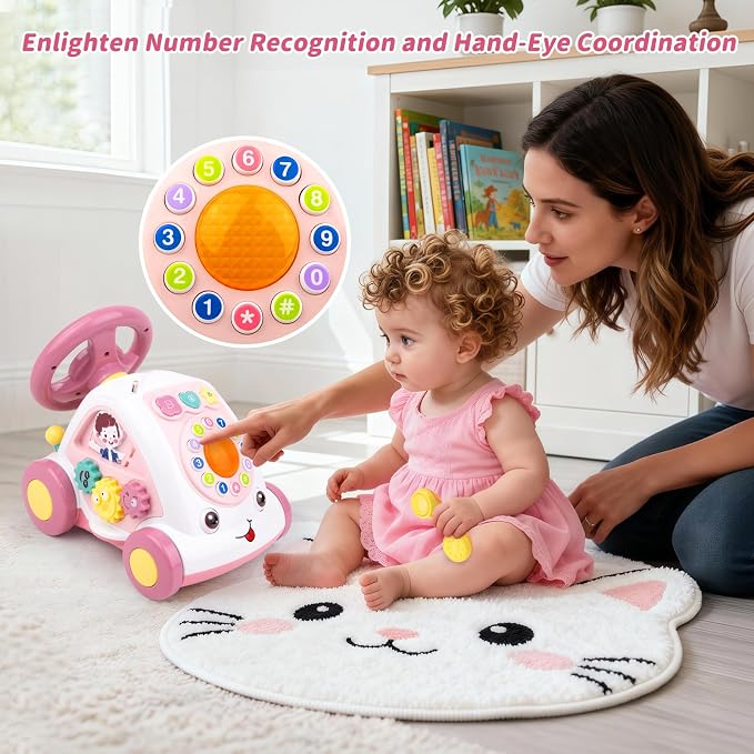 Love Mini Toddler Crawling Car Toy - Interactive Push Along Vehicle with Music & Lights, Early Learning Developmental Gift for Babies 6-12 Months