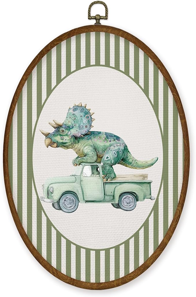 WULQYING Vintage Truck Dinosaur Nursery Wall Art Decor, Kids Room Oval Framed Canvas Art Prints, Green Striped Dino Truck Wall Hanging Decor for Kid Boy Toddler Room Bedroom Playroom, 8.6x11.4 Inches
