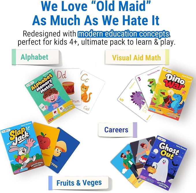 Educational 6 in 1 Kids Card Games, Alphabet & Simple Math, Large Cards | 6 Themes Designed With Mordern Education Concepts, Go Fish, New Old Maid, Gift for Kids 4+, Card Holders Included