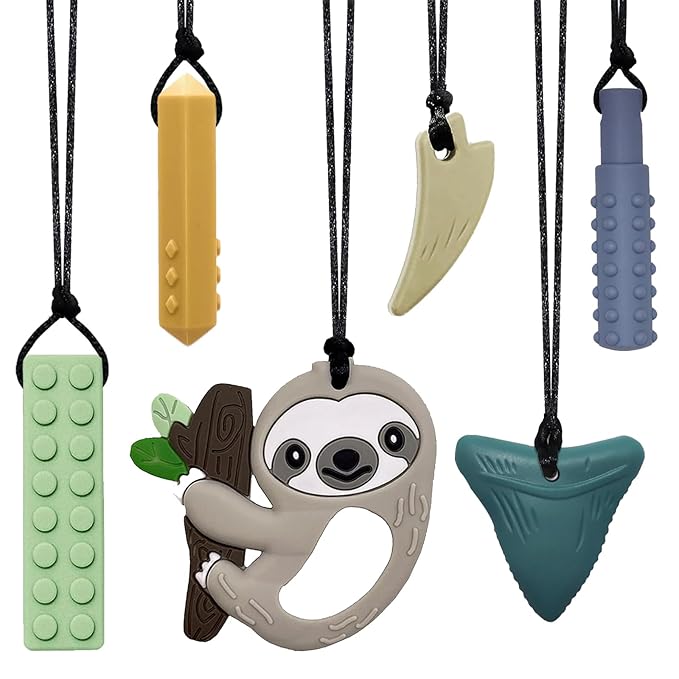 Chew Necklaces for Sensory Kids 6 PCS, Chewy Necklaces Sensory Toys for Boys Girls Children with Autism, ADHD, Anxiety, Oral Motor Stimulation, Silicone Teething Necklace BPA Free