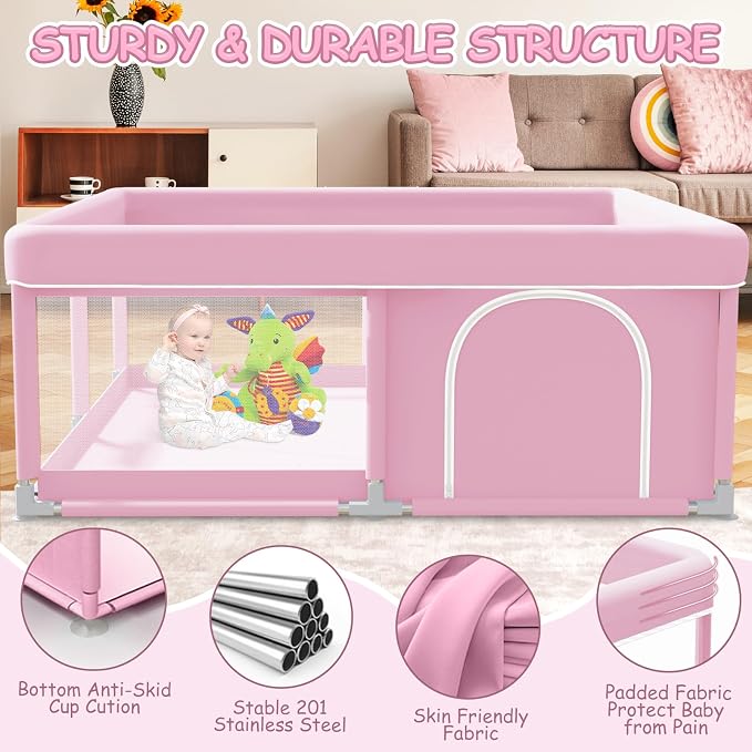 XVISHX Baby Playpen 50 x 50 Inch Play Pen Playards, Playpen for Babies and Toddlers, Baby Playard for Indoor & Outdoor Active Center Game Fence, with Skin-Friendly Fabric and Soft Breathable Mesh Pink