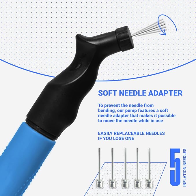SPORTBIT Ball Pump for Sports Balls - Push & Pull Inflating System - Hand Pump for Exercise Balls - Volleyball Pump, Basketball Inflator, Ball Air Pump - Goes with 5 Needles Set
