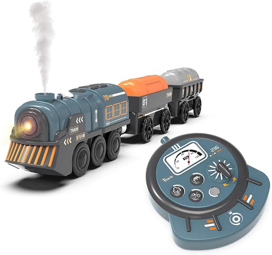 Remote Control Steam Train for Wooden Tracks – RC Train Set with Realistic Smoke, Lights & Sound, Motorized Toy Train Compatible with Thomas & Friends, Brio, for Kids Ages 3-8