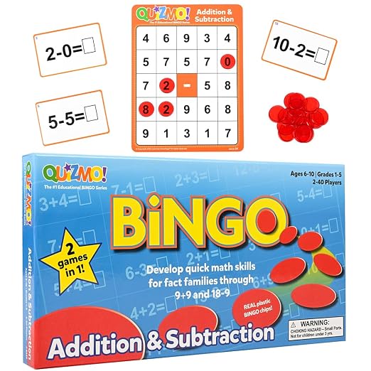 LEARNING ADVANTAGE QUIZMO Addition & Subtraction | Bingo-Style Math Game | 2 Game Modes for Ages 6-10 | Teach Basic Mathematics