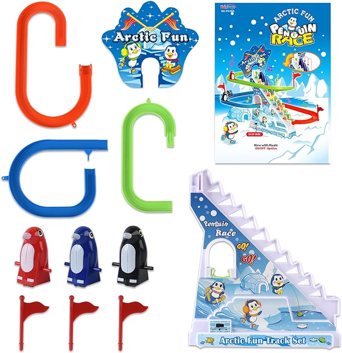 Arctic Fun Penguin Slide Toy Set: Playful Stair Climbing Penguins with Sliding Tracks, Music On/Off Switch for Quiet Play | Interactive Penguin Toy for Kids Toddlers Boys & Girls