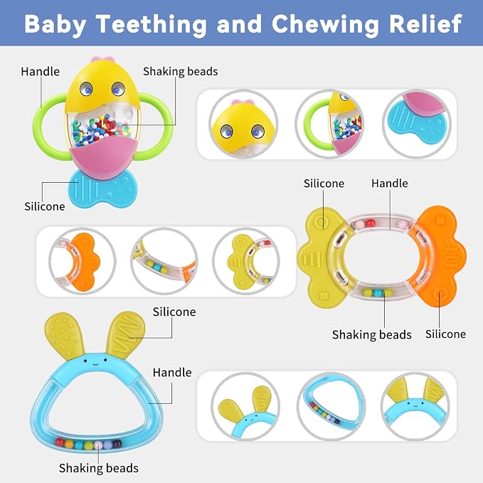 MOONTOY 9pcs Baby Rattles Infant Teething Toys Teethers Sensory Toys for Babies 3-6 Months 6-12 Months Boy Girl Gifts