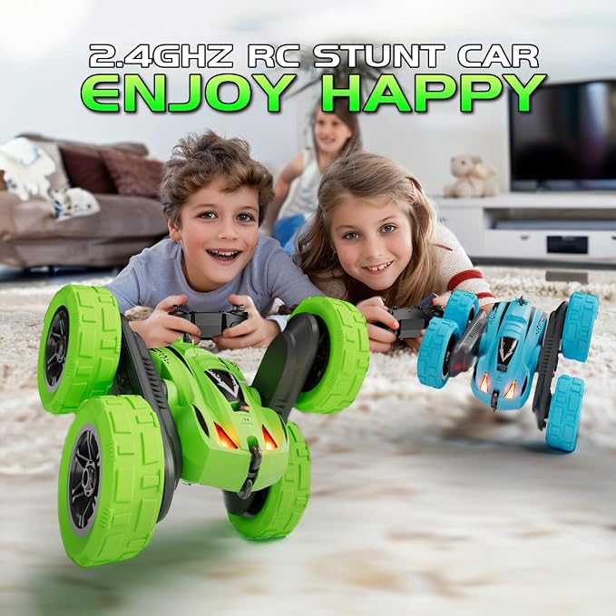 Remote Control Car, 4WD 2.4GHz Double-Sided RC Stunt Car, 360° Rotating Electric Rechargeable Toy Car with LED Lights, Gift for Boys Girls Ages 6+(Blue)