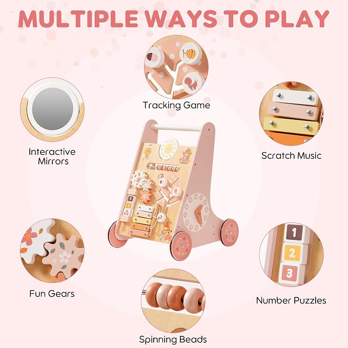 ROBUD Wooden Baby Walker, Baby Push Walker with Activity Center and Storage, Montessori Walker Toy for Boys and Girls Learning to Stand and Walk, Pink