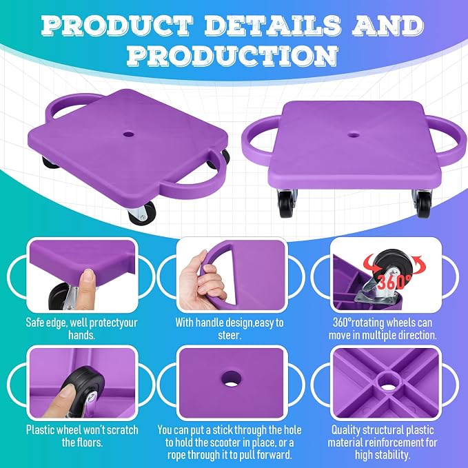 6 Pieces Sports Scooter Board Bulk Sitting Scooter Board with Handles Plastic Casters Sport Flat Scooter for Kids Children Gym Indoor Outdoor Activities Play Equipment(Bright Color)
