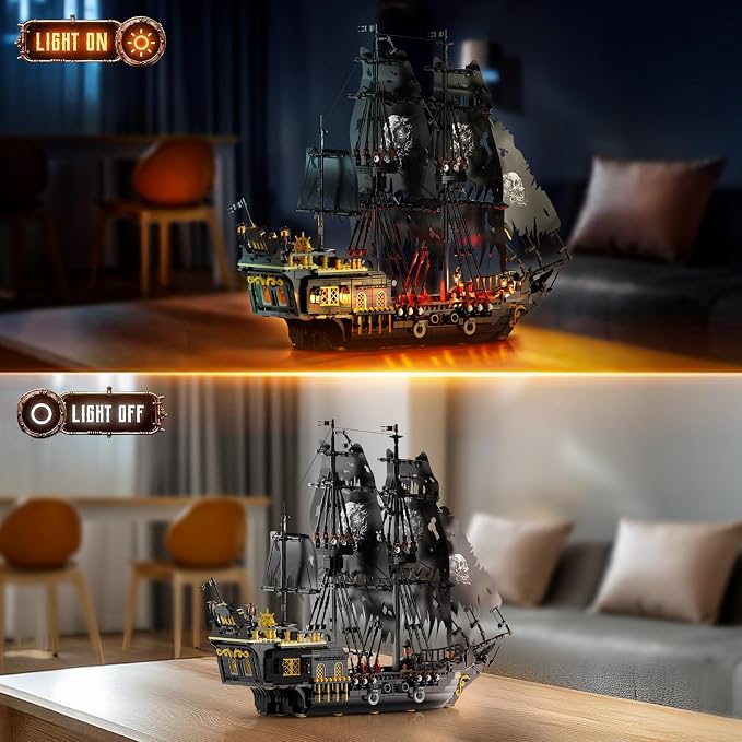 Pirate Ship Model Building Set for Adults Boys Girls, Black Pearl Ship Model with Light, Sail Boat Construction Toys, Collectible Display Home Office Decor, Birthday Gifts（1713 Pieces）