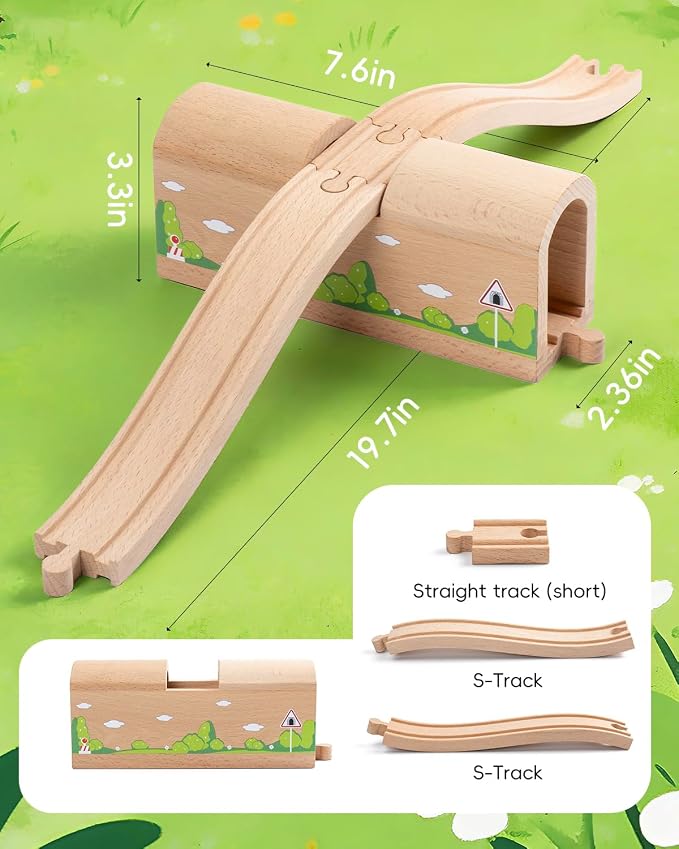 Wooden Train Track Bridge & Tunnel Set, Railway Expansion Kit with Ascending & Descending Ramp Tracks, Compatible with Major Wooden Train Systems, for Kids Creative Play and Learning