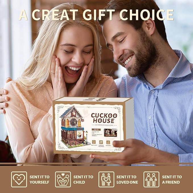 3D Wooden Puzzles for Adults DIY Mini House Model Kits to Build, Room Home Decor 3-d Puzzle Wooden Clock Craft Kits Miniature House kit Gifts for Family, Friends- Cuckoo House (SQ-61)