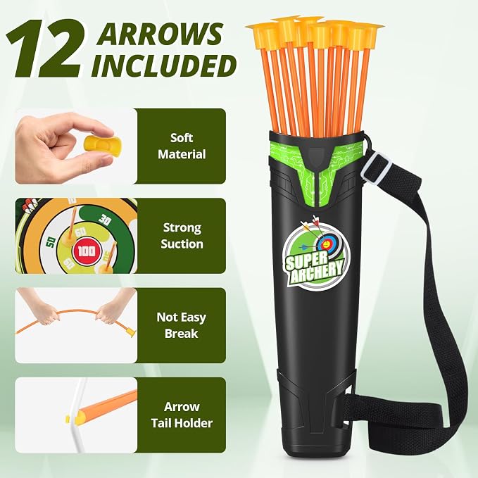 HYES Bow and Arrow for Kids, LED Light Up Archery Set with 12 Suction Cup Arrows, 1 Standing Target, 3 Score Targets & 1 Quiver, Indoor Outdoor Sport Gifts for Boys Girls Ages 4-12, Green