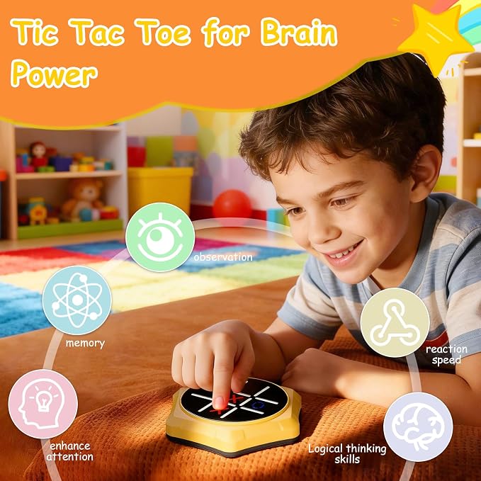 Electronic Tic Tac Toe Game, 5-in-1 Electric Tic Tac Toe with Mute & Rechargeable - Handheld Travel Board Game for Kids Ages 4+, Adults, Family - Educational Learning Toy for Boys Girls, Yellow