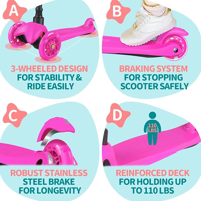 BELEEV A1 Scooter for Kids Ages 2-6, 3 Wheel Kick Scooter for Toddlers Girls Boys, Light up Wheels, Adjustable Height, Lean to Steer, Non-Slip Deck, Lightweight Push Scooter for Children