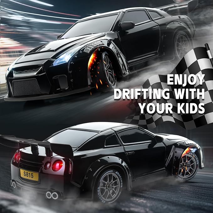 RC Drift Car, 1:24 Scale Remote Control Vehicle with LED Lights, 2.4GHz 20KM/H 4WD High Speed RC Cars, Drifting Tires＆Two Batteries, Racing Sports Toy Idea Gift for Adults Boys Girls and Kids (Black)