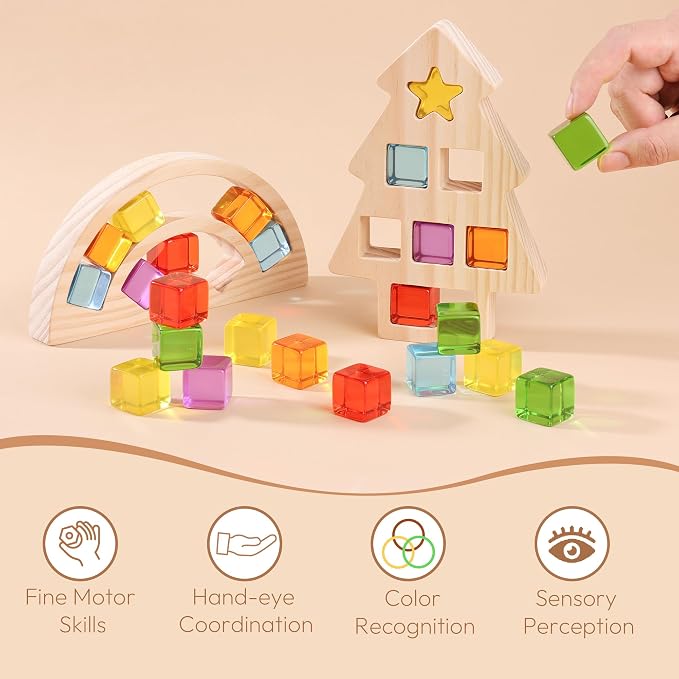 Woodtoe Wooden Building Blocks Set for Kids, Rainbow & Tree Wood Frame - 24 PCS Acrylic Gem Cubes Stacking Blocks, Montessori Stacking Toys, Educational Birthday Toys Gift for Toddlers 3-6