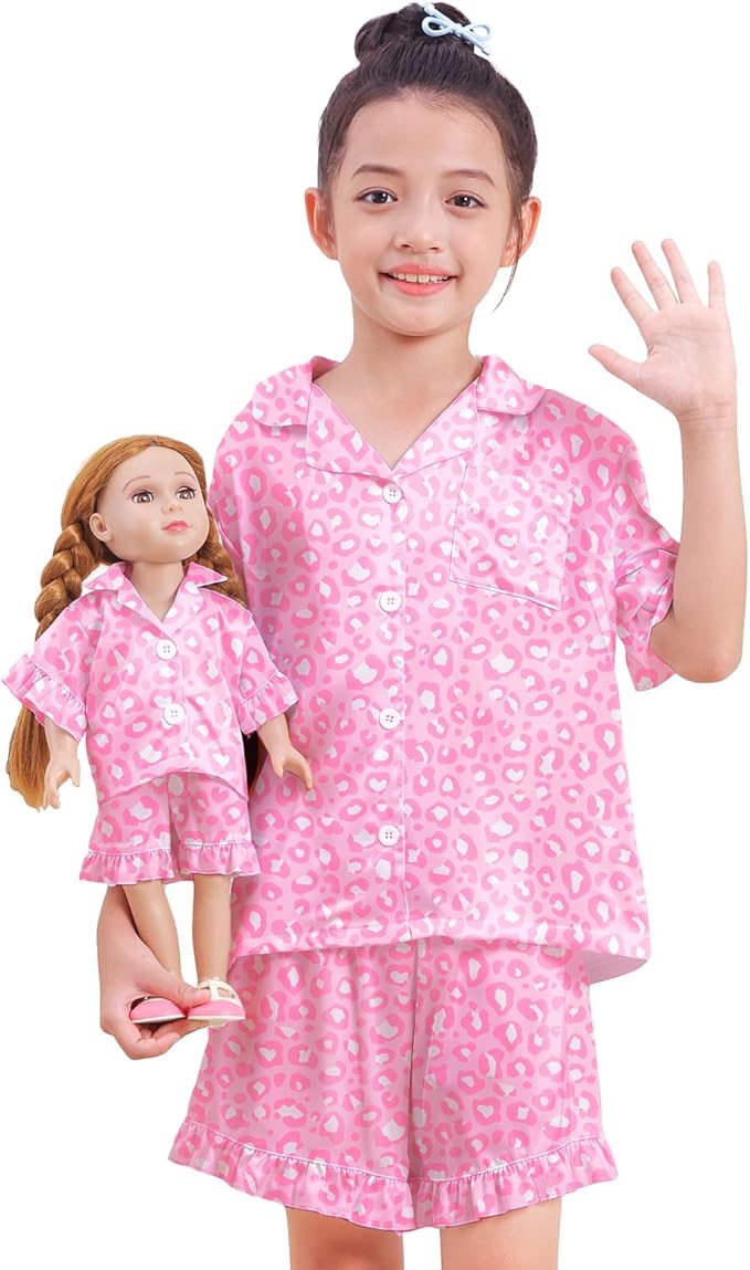 ICOSY Matching Doll & Girls Silk Pajamas Satin Pjs for Girls Button-Down Top and Shorts for 18" Doll Girl Clothes