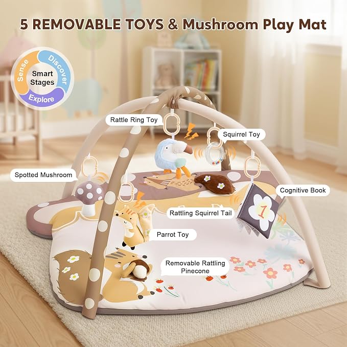 suihuooo 3-in-1 Baby Play Mat & Baby Seats for Infants for Sitting Up, Tummy Time Gym Activity Mat with 5 Detachable Toys, for Babies 0-6-12-18 Months, Newborn Babies Shower Gifts(Khaki)