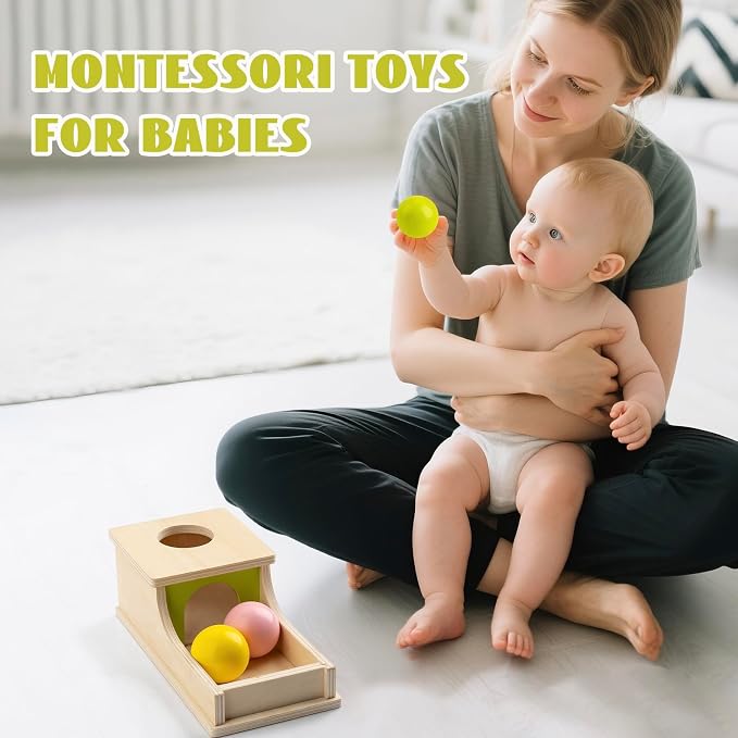 Montessori Toys for 6 Month Old, Wooden Object Permanence Box with Tray Three Balls, 8 Month Old Baby Toys, Preschool Infant Toys 6-12 Months Developmental, Cause and Effect Ball Drop Toy