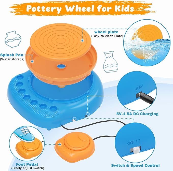Pottery Wheel for Kids with Complete Clay Kit,Beginner Pottery Painting Set with Air Dry Clay,12 Paints,Sculpting Tools,Apron and Guide,Arts and Crafts Christmas Birthday Gift for Girls Boys Ages 6-12