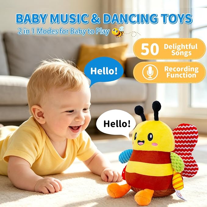 Baby Toys 12-18 Months, Musical Crawling Bouncing Dancing Bee Baby Plush Toy for 1 Year Old Baby Girls Boys, Rechargeable Interactive Baby Sensory Toddler Toys 6-12 Months, 50 Songs & Voice Recorder