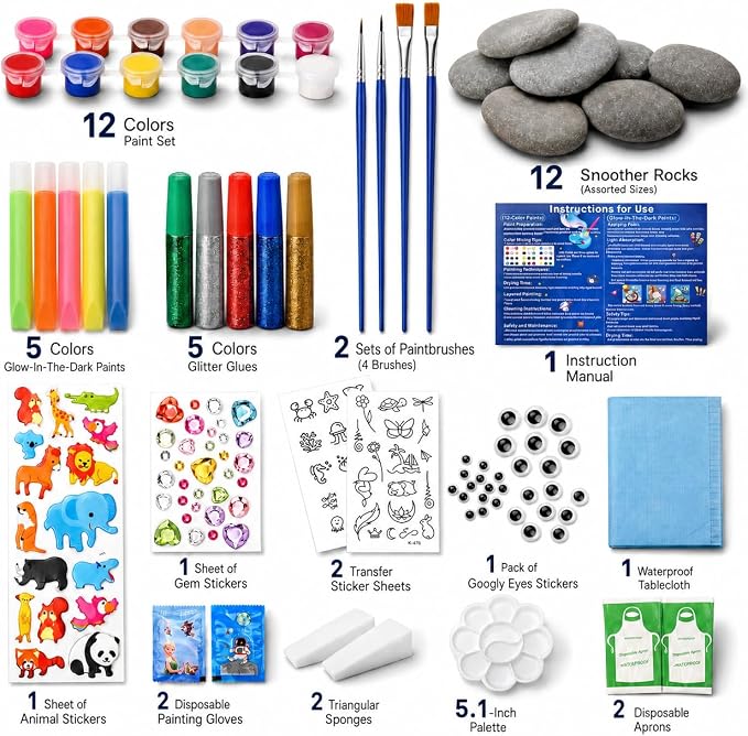 Rock Painting Kit for Kids Ages 6–12, Arts & Crafts Set, Creative Art Toys, Glow-in-the-Dark Rocks to Paint, Gifts for Birthdays & Holidays, Stocking Stuffers