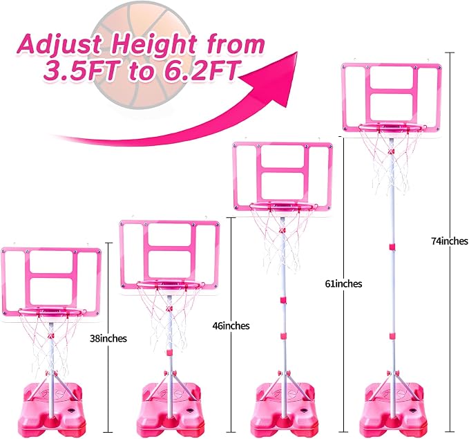 Kids Basketball Hoop with Stand, Adjustable Height 3.5FT-6.2FT Toddler Basketball Hoop, Basketball Goal Outdoor Indoor Toys for Girls Age 3 4 5 6 7 8 Years Old Gifts(Pink)
