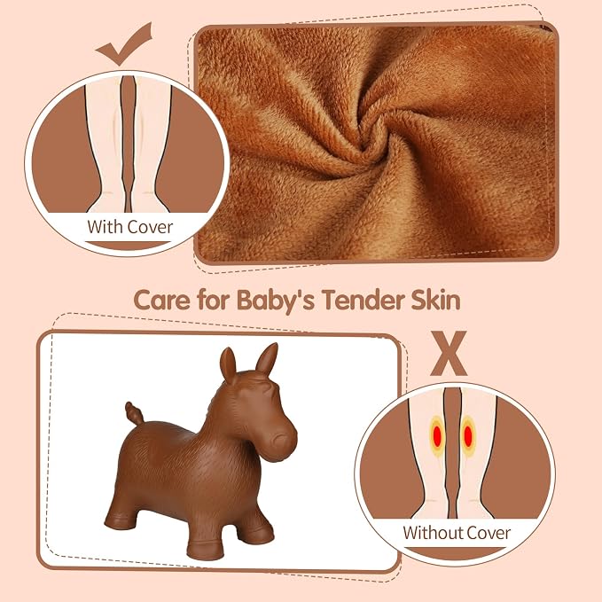 INPANY Bouncy Horse for Toddlers - Plush Brown Bouncing Horse Hopper, Ride on Animal Toys for Girls Boys, Outdoor Indoor Inflatable Horse Gifts - Plush Covered (Include Pump)