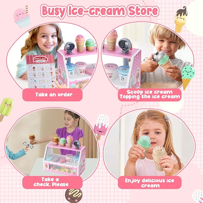 WHOHOLL Wooden Ice Cream Counter Playset for Toddler Girl Toys, Play Store Pretend Toy Food Play Kitchen Accessories with Fake Money & Coin, Christmas Birthday Gifts for 3+ Year Old Kids (Pink)